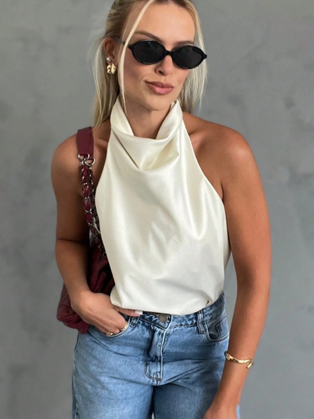 White Satin Cowl Halter Draped Neck Low Back Blouse Top